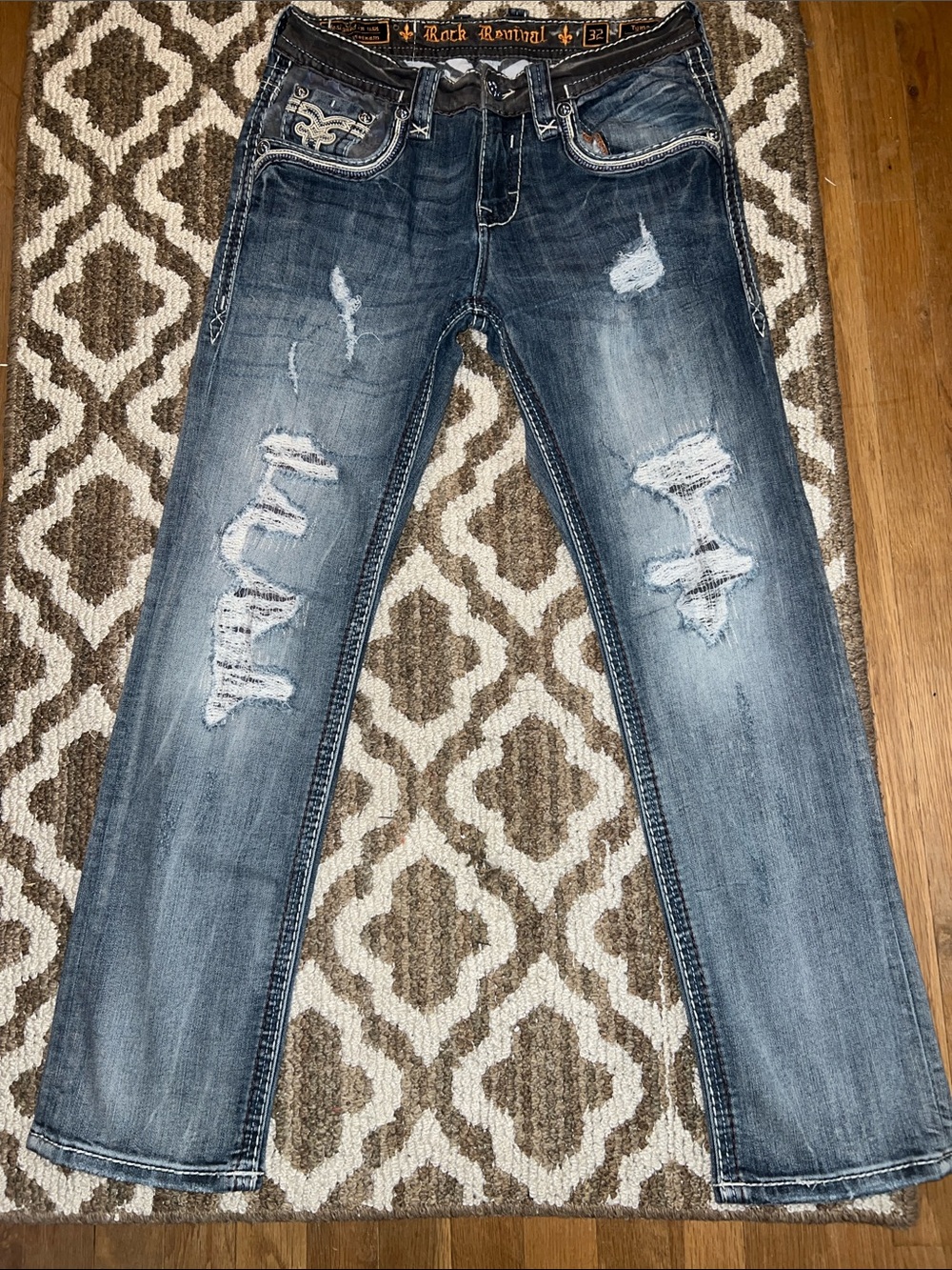 Rock Revival Men's Distressed Straight Leg Jeans - Washed Blue